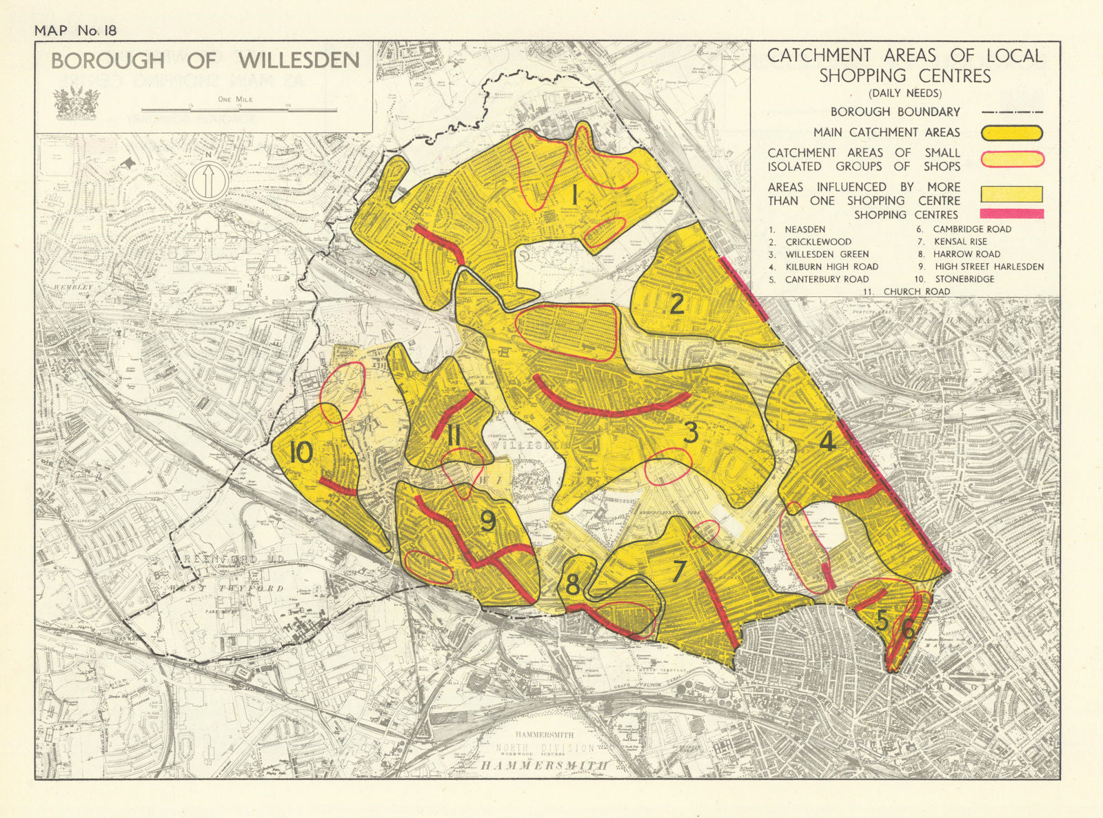 Willesden Borough local shopping centres catchment areas Kensal Kilburn 1950 map